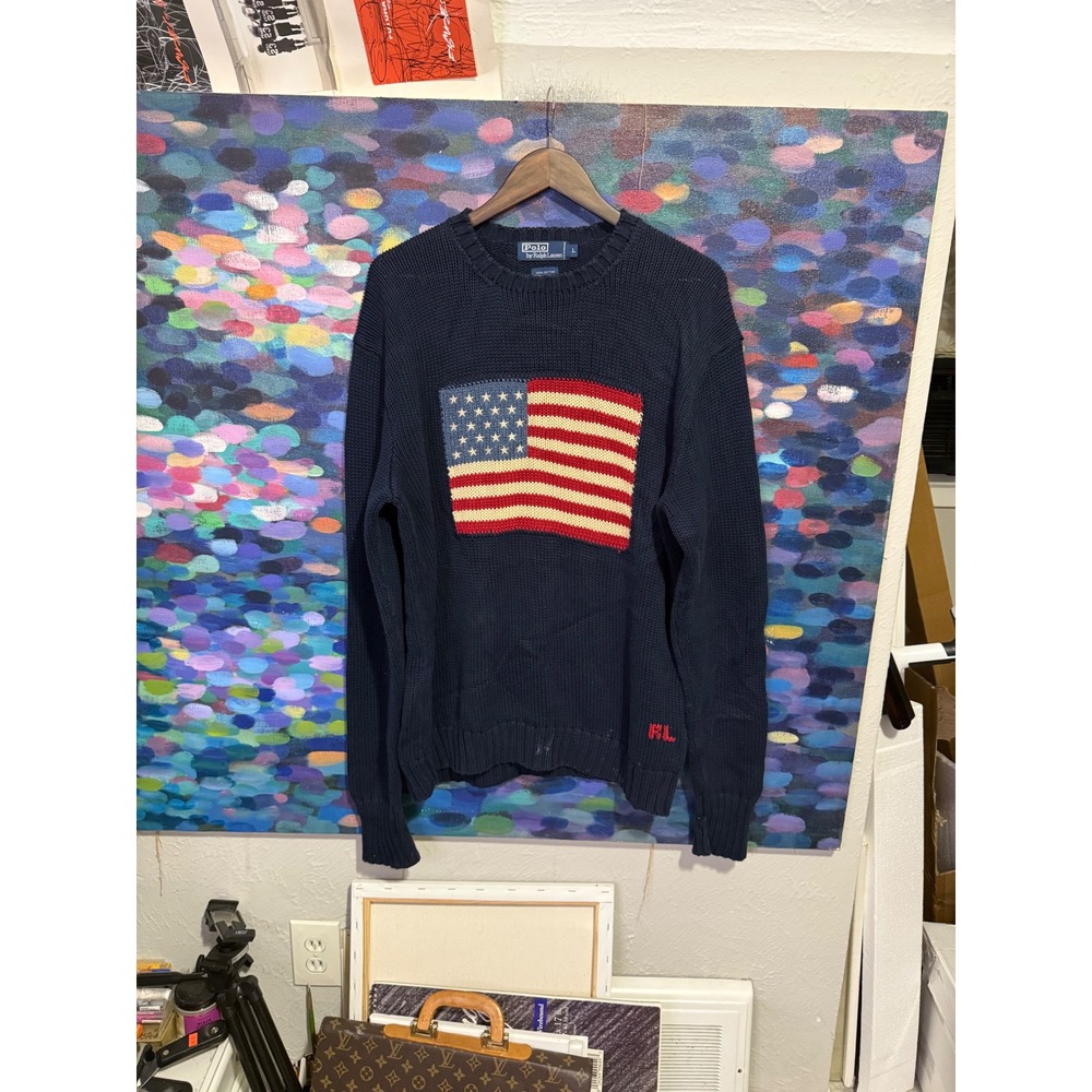 Polo Ralph Lauren Mens Large Navy Blue American Flag Cotton Knit Sweater RL